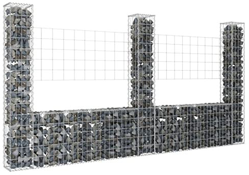 Homgoday U-Shaped Gabion Basket with 3 Iron Poles, 260 x 20 x 150 cm, Gabion for Stones, Gabion with Bed, Metal Gabions for Stones, Gabion Raised Bed, Gabion Stone Basket