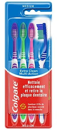 COLGATE - Brosse à dents Extra Clean Multi Action Médium - Brins Circulaires Anti-Taches - Nettoyeur Langue & Joues - Lot de 4 Brosses