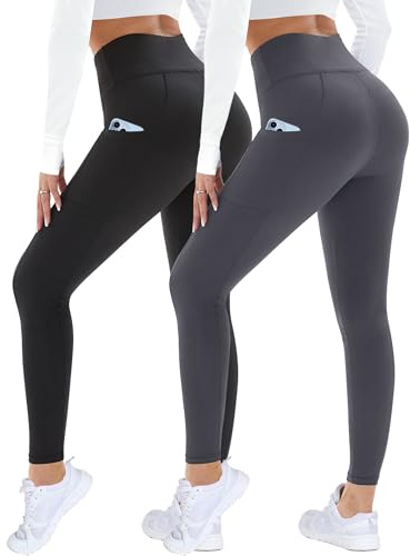 DDOBB 2 Pack Leggings for Women High Waisted Black Gym Leggings with Pockets Tummy Control Stretchy Pants Trousers for Fitness Yoga Running Regular Plus Size