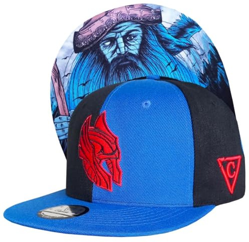Capiche [99+ Variantes] Casquette Odin Snapback – Panneaux moitié Bleus, Noirs avec Logo de Casque Nordique brodé Rouge, Art sous-visière Viking, Chapeau réglable pour Les Fans mythologie