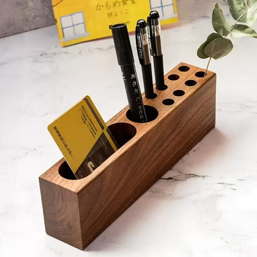 LiTY Pen Holder for Desk, Acacia Wooden Pencil Stand, Solid Wood Business Card Holder, Fountain Pen Organizer, Minimalist Aesthetic Office Stationery Desk Decor