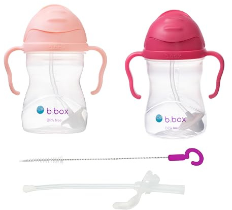 b.box Tasse à paille | Lot de 2 avec paille de rechange et brosse | Bébé 6m+ | Sans BPA | Anti-fuite | Compatible lave-vaisselle | 240ml | Lot de 2 | Rose/Rouge