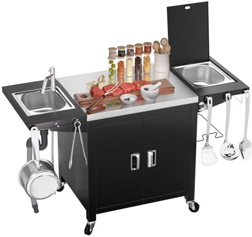 GFTIME Chariot de barbecue, table de four à pizza, îlot de cuisine mobile en acier inoxydable avec armoire de rangement, boîte à glace, évier pour plaque de barbecue, chariot de cuisine, chariot de