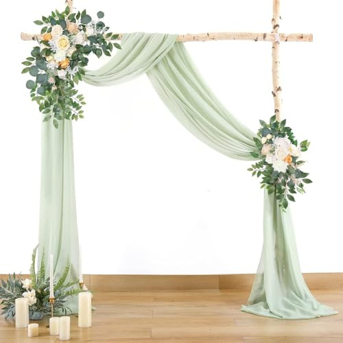 SYSUII Bröllopsbåge gardin 2 stycken 75 x 300 cm bröllopsgardin chiffong tyg bakgrund gardiner dekoration tyll fotogardin tvärhängande dekoration för babyparty party målbåge ceremoni – grön