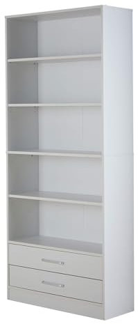 Home Source Storage Bookcase, 5 Tier Open Adjustable Shelving, Display Storage Cabinet, 2 Drawer, White