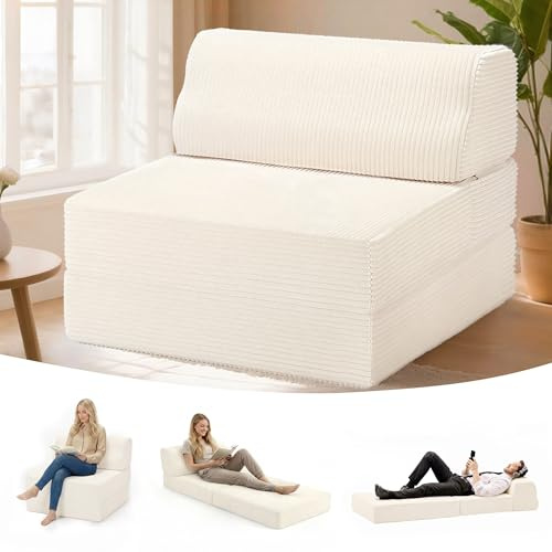 Kasunpul Folding Sofa Bed with Pillow, Memory Foam Fold Out Chair Bed, Convertible Sleeper Chair with Washable Cover, Futon Floor Couch for Living Room/Dorm/Guest Use/Home Office/Apartment, Beige