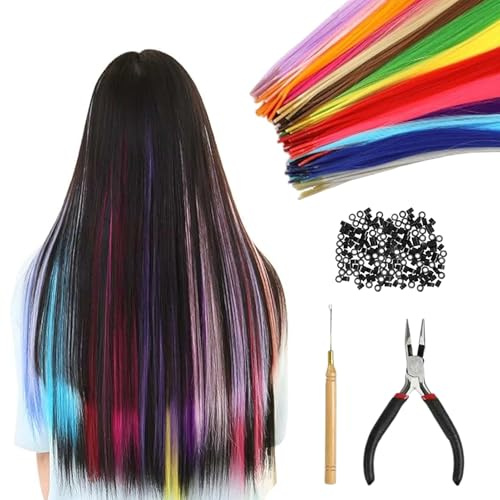 Keyxer 50 Piece Kit Extension de Cheveux Colorés avec 150 Perles et Crochet - Meches Tresse