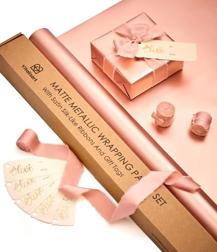 Vitalizart Rosa metalliskt presentpapper, 76 cm med 3 rullar med rosa band och 6 presentetiketter, vattentätt lyxigt presentpappersset för födelsedag, bröllop och jul
