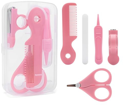 MOSOSA Baby Nail Kit 5 in 1 Baby Nagelpflege Set mit Baby Nagelknipser, Schere, Nagelfeile, Pinzette und Babykamm, Baby Maniküre Kit und Pediküre Kit für Neugeborene, Säuglinge, Kleinkind (Rosa)