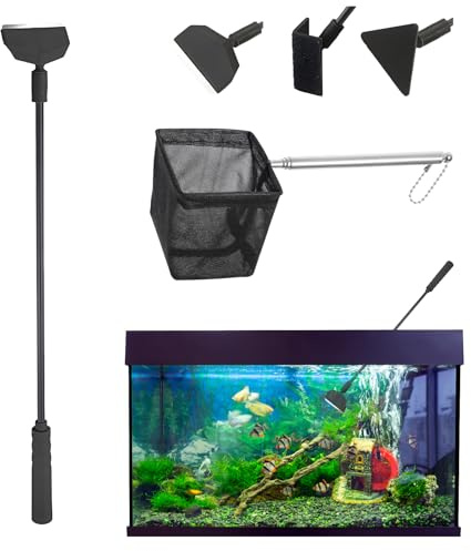 Fish Tank Cleaning Kit, 3-in-1 Aquarium Glass Cleaner and Algae Scraper with Extendable Fish Net, Triangle Sponge Brush, Algae Scraper, Right Angle Brush Comprehensive Fish Tank Maintenance Tools