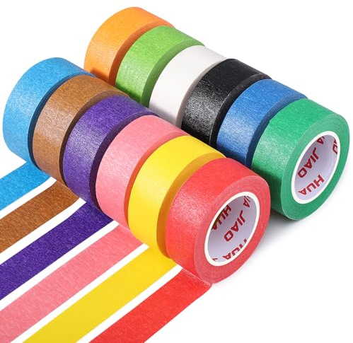 HuaJiao 12 Rolls Masking Tape, Colorful Multi Surface Painters Tape Adhesive Masking Tape for Painting and Decorating Home Classroom Scrapbook Crafts, 22mm x 13m