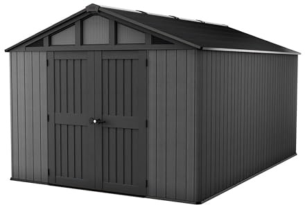 Keter Stronghold 10x15ft Outdoor Storage Shed | Evotech Wood-Effect, Weatherproof | Steel-Reinforced, Heavy-Duty Floor | Built-In Ventilation, Skylights & Windows | Extra-Wide Double Doors
