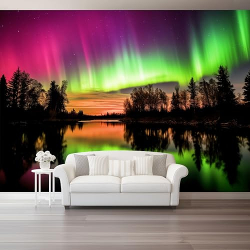 Carta da Parati Panoramica 150 x 105 cm - Fantasy Bellezza Naturale Aurora Boreale Carta da Parati per Soggiorno Camera da Letto Ufficio, Verde Viola Moderna Fotomurali Murales Poster Gigante