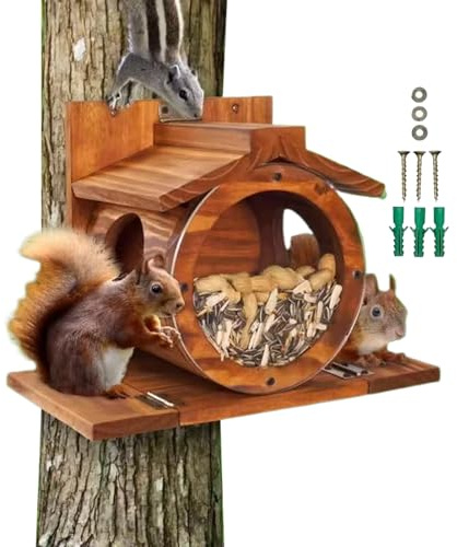 Casetta di mangime per scoiattoli, in legno, con fori di ventilazione, resistente alle intemperie, per noci, fieno e mangime per animali come Chipmunk per alberi da giardino e