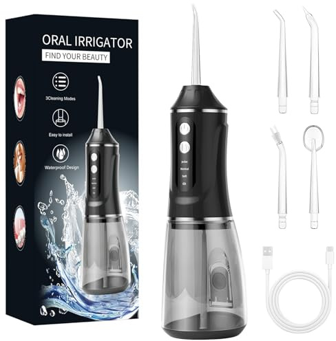 Idropulsore Dentale Oral,Irrigatore Orale,Idropulsore Dentale Portatile,Elettrico Oral Water,con 5 Modalità e 6 Beccucci,Serbatoio da 380ml,Impermeabile IPX7,per Uso Domestico e Viaggi(Nero)