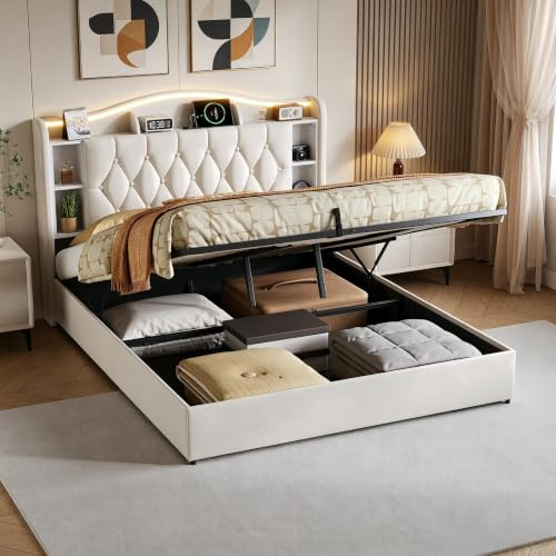 Letto baule 160 x 190 cm con LED e porta USB, letto matrimoniale imbottito con rete a doghe, letto idraulico 160 x 190 cm, con ripiani aperti e contenitore letto matrimoniale per adulti (Beige-2, 160