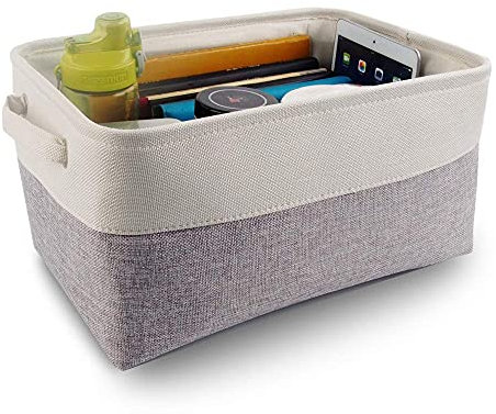 Mangata Canvas Storage Box Fabric Storage Basket with Handles for Cupboards, Shelves, Clothes, Toys (Medium, Foldable, Grey White)