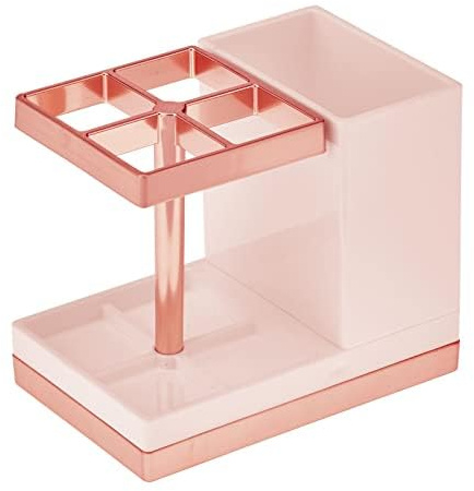 mDesign Plastic Toothbrush and Toothpaste Storage Organizer Holder - Home Decor for Bathroom Countertop - Holds Toiletries and Beauty Accessories - Lumiere Collection, Light Pink/Rose Gold