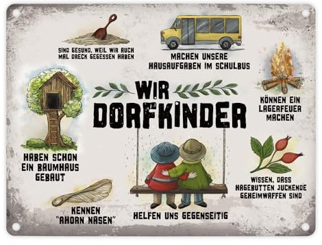 Wir Dorfkinder Metallschild mit Retro Motiven Kind Dorf Leben Erinnerungen Hilfe