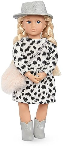 Lori 45712 Puppe Brinne, 15cm, Lange Blonde Haare, Blaue Augen, ab 3 Jahren, Stehpuppe, beweglich, weicher Körper, Dalmatiner Mantel, Felltasche, Hut Mehrfarbig