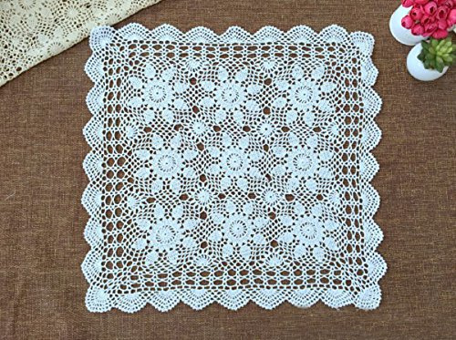 Lelefly Camino de mesa cuadrado de algodón hecho a mano con encaje de ganchillo, tapete para mesa, tocador, bufanda, decoración, 23 pulgadas, color blanco