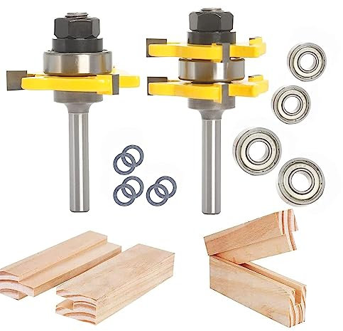 Sinoprotools 2Pcs Tongue and Groove Router Bit Set, 1/4 Shank Tongue and Groove Router Bits, 3 Teeth T Shape Jointing Router Bits,Wood Milling Cutter for Tongue&Groove Joints,Slots(1-3/4 Cut Dia.)