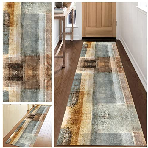 KCYXSMAX Teppich Läufer Flur rutschfest Küchen 40 * 60cm Weich Polyester Lange Küchenläufer für Korridor Schlafzimmer Wohnzimmer Geometrisches Waschbar Meterware Anpassbar-Abstrakt Grau Braun