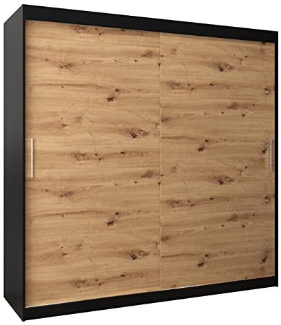 MEBLE KRYSPOL Tokyo 200 Kleiderschrank mit Zwei Schiebetüren für Schlafzimmer – moderner Aufbewahrungsschrank mit Kleiderstange und Regalen – 200x200x62cm - Mattschwarz + Artisan