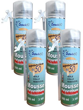 DSTOCK60 - Lot de 4 mousses expansives Manuelles - 500 ml - Mousse polyuréthane professionnelle manuelle - Isole, colle et rebouche - Extérieur et intérieur