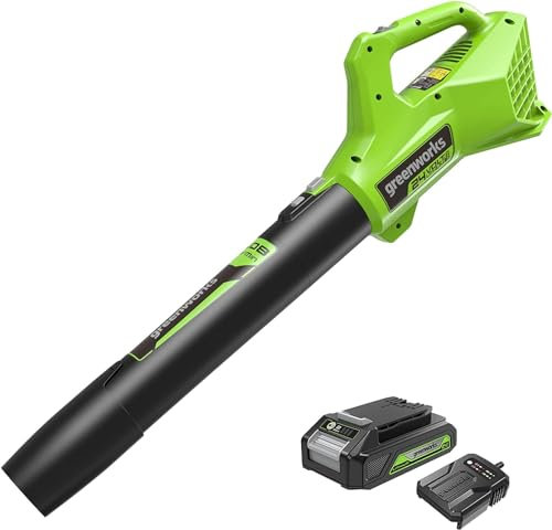 Greenworks G24ABIIK2 Cordless Axial Leaf Blower, 145km/h, 9.08m³/min 24V Battery & Charger, 3 Year Guarantee