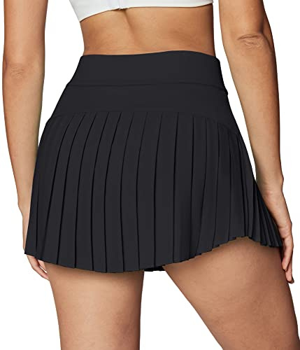 Ewedoos Pleated Tennis Skirts for Women Athletic Skirt with Shorts Underneath Skorts for Woman with Pockets for Golf Black