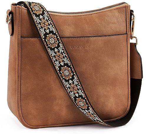 BOSTANTEN Crossbody Bags for Women Trendy Vegan Leather Hobo Purses Shoulder Handbags With Wide Shoulder Strap Brown