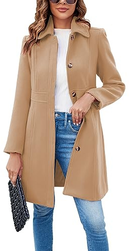 Fisoew Women's Elegant Single Breasted Coat Long Sleeve Mid Winter Overcoat Work Office Pea Coats
