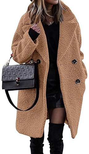 BTFBM Women Winter Faux Fur Coats 2026 Lapel Long Sleeve Fuzzy Fleece Outerwear Button Down Sherpa Jackets Fall Outfits(Light Camel, Small)