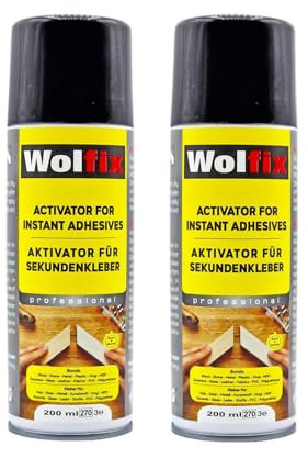 Wolfix Aktivator Spray Aushärtungsbeschleuinger 2 Stück 200ml für Sekundenkleber - Aerosol Sprühdose Extra Stark für Schnelles Aushärten von Alleskleber, Stoffkleber und Holzkleber - Sofortige Haftung