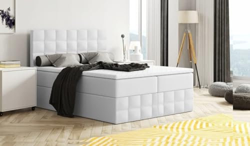 Generisch Moderne Boxspringbett MERA Premium Bett mit Bettkasten Ziernähten Bonell Matratze H3 Federkern Topper Polsterbett Doppelbett Schlafzimmer (Weiss - Madryt 120 (Kunstleder), 120 x 200)