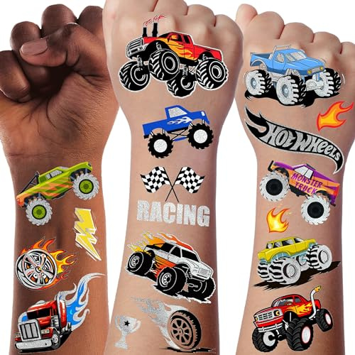 61+ PCS Monster Truck Tatuaggi Temporanei Per Bambini Ragazzi Ragazze, Groovy Flash Glitter Argento Metallico Tatuaggio Falso Adesivo, Cartoon Racing Car Flames Trophy Face Tattoo Party Supplies