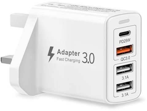 USB Charger Plug UK, 40W 4-Port Multi USB C Fast Charger Plug PD&QC3.0 USB Plug Adaptor UK, Multi Type C Wall Charger Power Adapter for iPhone 17 16 15 14 13 12 11 Pro Max, iPad, Samsung