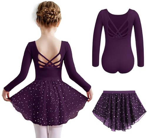 Arshiner Ropa de Ballet para Niños Vestido de Ballet Niña Manga Larga Leotardo de Ballet de Algodón Traje de Ballet Vestidos de Baile Cuerpo de Danza con Falda Tutú Morado Oscuro 9-10 Años