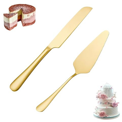 Heting-YQ 2 Pezzi Set di Coltelli e Server per Torte Nuziali Server per Torta Coltello in Acciaio Inossidabile Tagliatorta Acciaio Inox per Matrimoni Compleanni(Oro)