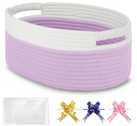 BOSROTY Small Woven Gift Basket with Bag & Ribbons, Purple | Cotton Rope, 33x23x14 cm, Ideal for Women & Men, Bedroom, Living Room, Bathroom Storage, Cat & Dog Toy Boxes