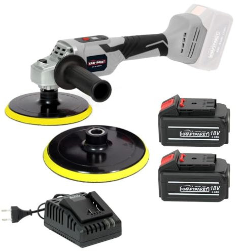 Dino KRAFTPAKET 18V Bürstenlose Akku Poliermaschine für Auto mit 125mm + 150mm Stützteller im Set mit 2 x 4Ah Akku und Ladegerät, Motor bürstenlos (Brushless Akkupoliermaschine)