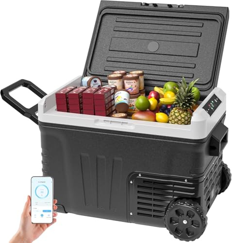 EUHOMY 35L Kompressor Kühlbox, Auto-Kühlschrank mit APP, Tragbarer Gefrierschrank 12V/24V & 220-240V, Kühlschrank -20℃~20℃, Kühlbox mit Rollen & 2 Körben für Reisen, Camping