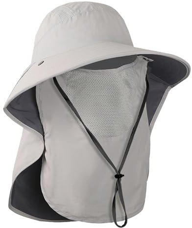 TAGVO Solhatt för män och kvinnor, fiskarhatt med avtagbart ansiktsskydd, UPF50+ utomhushatt med vindtät hakrem, LJUSGRÅ, one size
