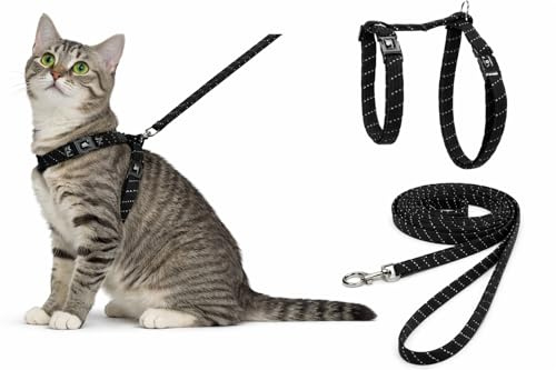 Harnais pour Chat - Elza Noir - 22-32cm - 27-46cm - Laisse 110cm - Nylon réglable - réfléchissant - avec Mousqueton