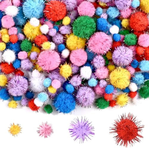 NACHLYNN 1000 pompon glitterati per fai da te, confezione grande, 4 misure, colorati, morbidi, soffici, per fai da te, attività decorative, con custodia (multicolore)