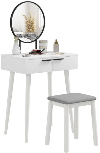 HOMCOM Tavolino da toilette con specchio e sgabello, set di scrivania per il trucco con 2 cassetti, sgabello imbottito e organizer per il trucco per la camera da letto e lo spogliatoio, 60 x 40 x 123