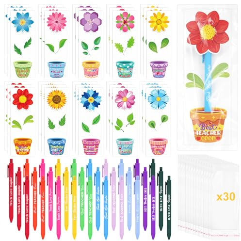 Bensbl 30 Pack Gel Pens Black Ink 0.5mm Fine Point with 30 Flower Pot Cards and 30 Clear Bags - Teacher Appreciation Gifts, Back to School Supplies for Office, Classroom