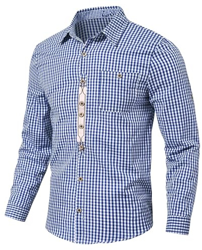 Trachtenhemden Homme Chemise Bavaroise pour Homme, Chemise à Carreaux Manches Longues Traditionnel Oktoberfest, Tenue de bière, Blouse Respirant Classique Ecossaise Pour Lederhosen Oktoberfest