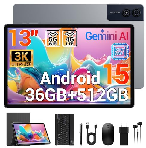Tablet 13 Zoll, 3K Display, 2,2 GHz Helio G99 Octa-Core Gaming Tablet Android 15, Dual SIM 4G LTE+5G WiFi, 36GB RAM + 512GB ROM (TF 8TB)11580mAh/4 Lautsprecher/Gemini AI/13MP/GPS, mit Tastatur/Hülle